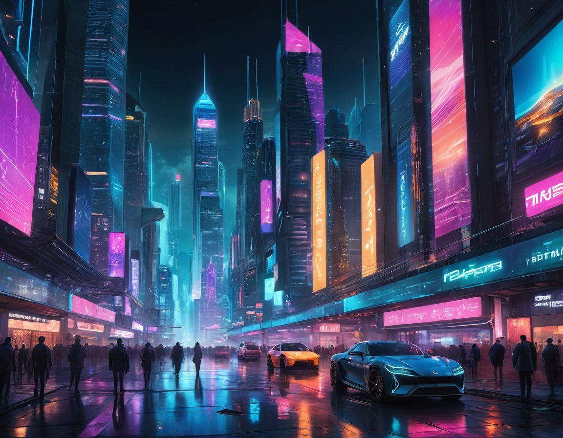 A futuristic cityscape bustling with advanced technology, showcasing diverse individuals utilizing XSXL solutions for various tech challenges. Include elements like holographic interfaces, drones, and smart gadgets integrated into everyday scenes. The skyline should be illuminated by neon colors with a digital network pattern overlaying the image. Emphasize a sense of innovation and collaboration in the environment. vibrant colors. cyberpunk.