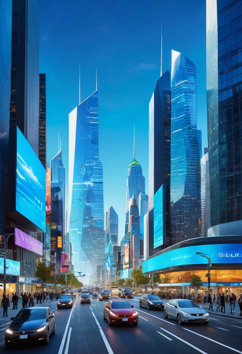 A futuristic cityscape with advanced technology seamlessly integrated into everyday life. Depict holographic displays, electric vehicles, and smart buildings under a bright blue sky. Highlight diverse people engaged with XSXL technology, showcasing creativity and innovation in action. This scene should radiate a sense of optimism and progress for the future. vibrant colors. super-realistic. digital art.